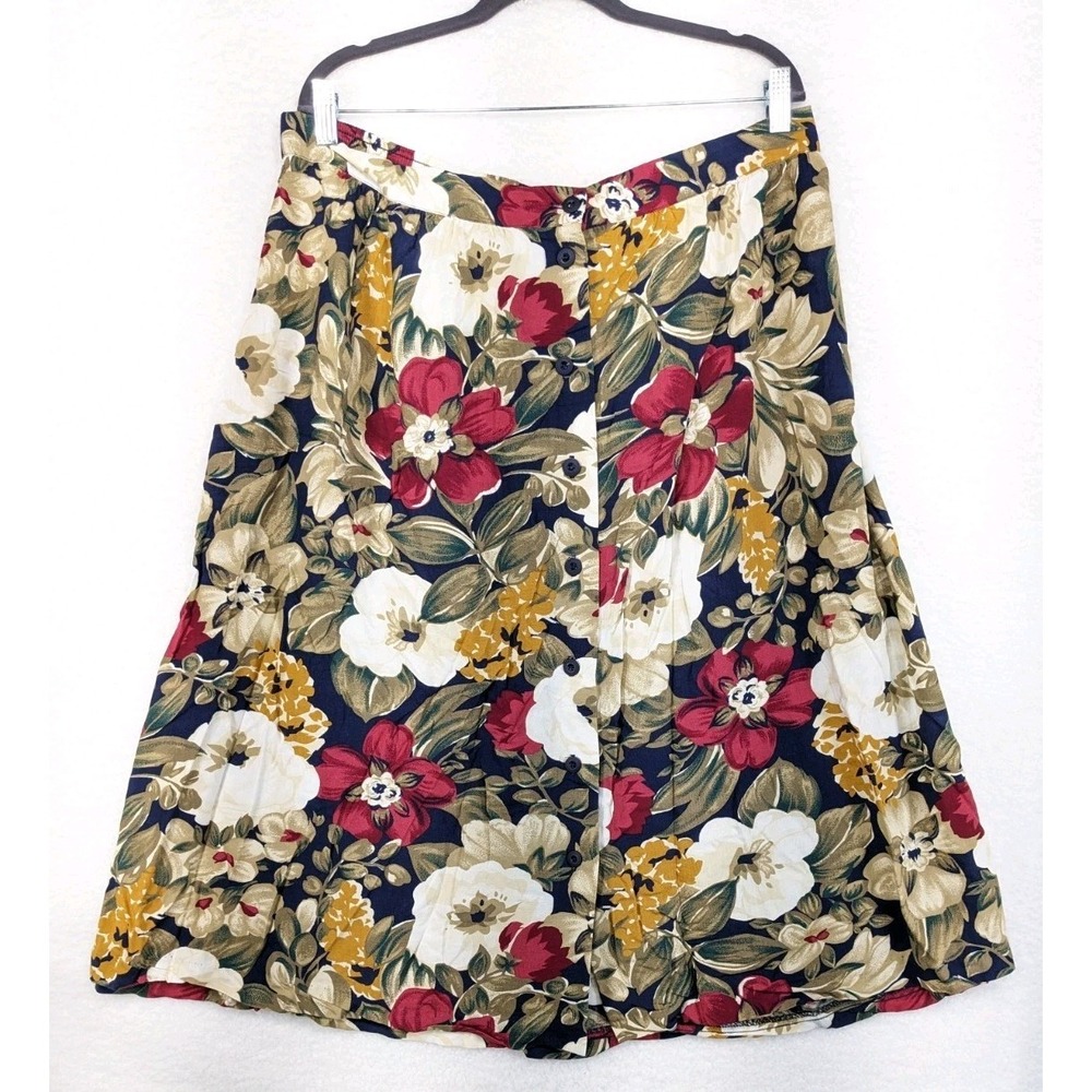 Vtg 90s floral A-line midi skirt elastic waist button Front Women's 38/24W